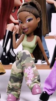 several dolls are sitting on a bench with their feet up and one is wearing camouflage pants