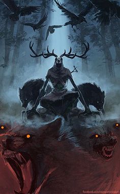 an image of a demon sitting on the ground surrounded by animals