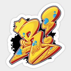 graffiti style sticker with the letter e in yellow and red colors on a white background