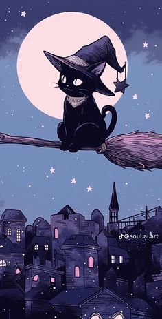 a black cat sitting on top of a broom in front of a city at night