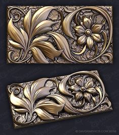 two decorative metal panels with flowers and leaves on the sides, one in gold color