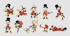 several cartoon characters with different poses and expressions, including one in top hat and the other in