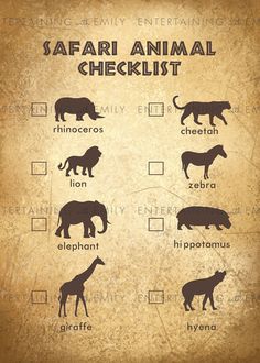 an animal checklist with different animals and their names in black on a brown background