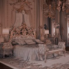 an ornately decorated bedroom is shown in sepia