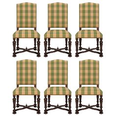 six chairs with green and tan plaid upholstered on the back, set of eight