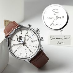 Personalize this mens watch with the actual handwriting written by his loved one to keep a memory always be in his heart. It makes a meaningful and unique gift for any special occasion. ITEM ∙ DESCRIPTION * Type: Quartz Movement, Works on battery * Water resistant: 3ATM (For everyday use. Splash/rain resistant. NOT suitable for showering, bathing, swimming) * Special Function: Luminous Hands, Day Display and Minutes / Seconds Chronograph * Watch Crystal: Hardened Mineral Glass  * Case material: Watch For Groom, Gifts For Groom, Groom Watch, Handwriting Gifts, Watch Engraving, Minimal Wedding, Glass Case, Engraved Gifts, Wedding Watch