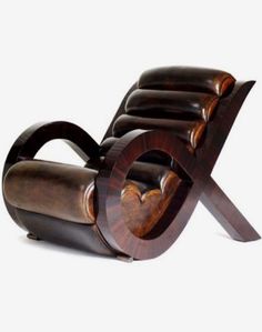 a chair made out of wood and leather with a heart shaped seat on the back