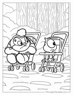 an adult and child cartoon character in the rain with a baby stroller on it's back