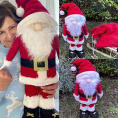 a woman is holding up a stuffed santa clause and two other christmas decorations in front of her