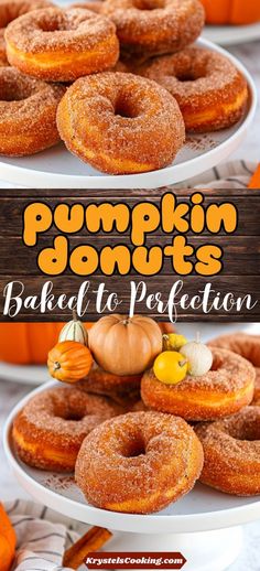 pumpkin donuts baked to perfection on two white plates with the words pumpkin donuts behind them