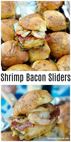 there are several different types of sliders stacked on top of each other with the words shrimp bacon slides above them