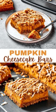 pumpkin cheesecake bars with cinnamon glaze on top