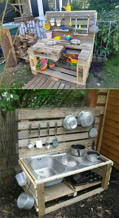 an outdoor kitchen made out of pallets and wooden pallets with pots and pans