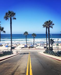 an empty street leading to the beach with palm trees