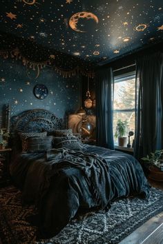 a bed room with a neatly made bed and stars on the ceiling