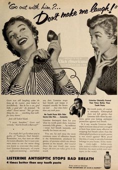 an old advertisement from the 1950's shows two women talking on telephones and laughing