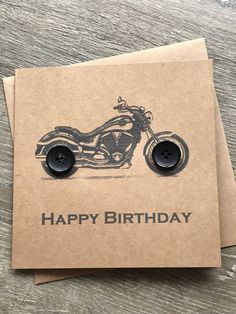 two birthday cards with an image of a motorcycle on one side and the words happy birthday written on the other