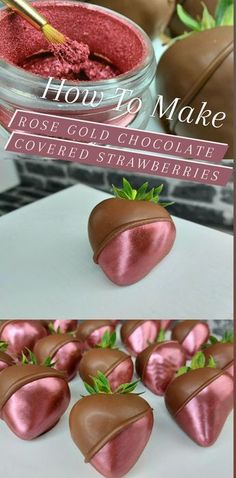 chocolate covered strawberries are in the shape of hearts and have been dipped with pink glaze