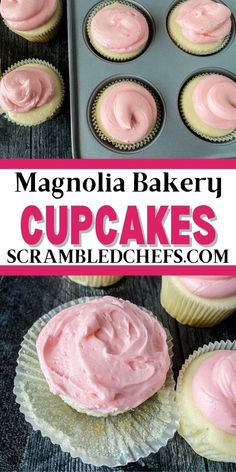 cupcakes with pink frosting sitting in muffin tins