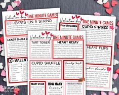 four valentine's day games with hearts scattered around them and the text on top