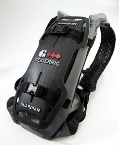 an image of a back pack that is black and grey with the words geigerrig on it