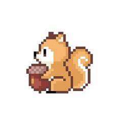 a pixellated image of a squirrel holding an acorn in it's paws