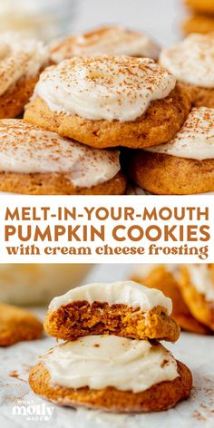 pumpkin cookies with cream cheese frosting are stacked on top of each other and the title reads melt in your mouth pumpkin cookies with cream cheese frosting