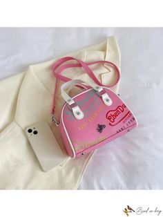 BirdinBag - Premium PU Leather Dome Bag - Letter Graphic, Dual Handle, Zipper Closure Trendy Pink Portable Satchel, Retro Pink Bags For Spring, Vintage Pink School Bag, Pink Vintage School Bag, Pink Retro Handheld Shoulder Bag, Retro Pink Bag With Large Capacity, Retro Pink Bags With Large Capacity, Large Capacity Retro Pink Bag, Pink Retro Shoulder Bag