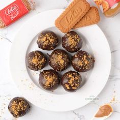 chocolate truffles on a white plate with peanut butter and candy bar in the background