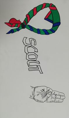 a drawing of a hand holding a red, green and blue tie with the word hope on it