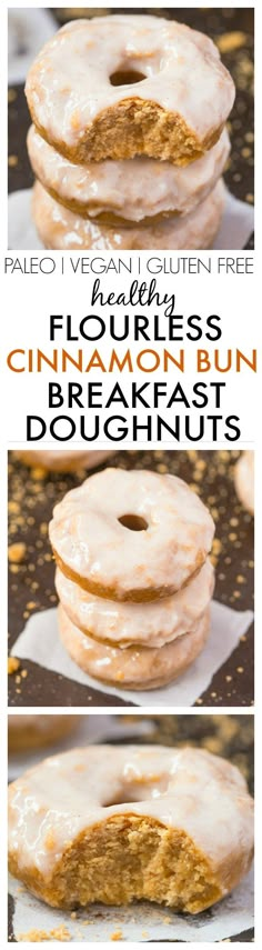 three different views of doughnuts with glaze and cinnamon in them, on top of each other