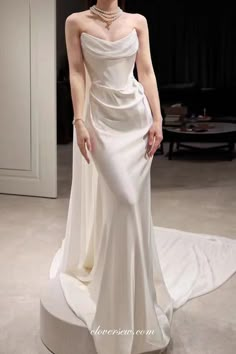 White Gown Satin, Long Satin Wedding Dress, Silk Flowy Wedding Dress, Silk Off The Shoulder Wedding Dress, Wedding Dresses Form Fitting, Korean Wedding Dress Elegant, Silk Mermaid Wedding Dress, Korean Wedding Dress Simple, Long Sleeve Wedding Dress Satin