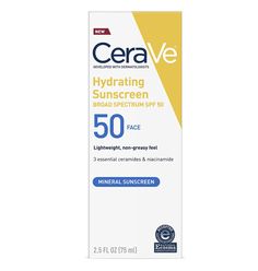 CeraVe Hydrating Mineral Sunscreen SPF 50 Face Lotion 2.5 fl oz NEW Version Developed with dermatologists, Crave Hydrating Sunscreen Face Lotion provides broad-spectrum protection with 100% mineral sunscreen that reflects the sun’s damaging UVA/UVB rays. This lightweight formula provides all-day hydration with three essential ceramides that help restore the skin’s natural barrier and lock in moisture long after. Allergy tested Fragrance-free paraben-free oil-free Non-comedogenic Suitable for sen Good Sunscreen For Face, Sunscreen Face, Tanning Cream, Skin Care Benefits, Physical Sunscreen, Chemical Sunscreen, Facial Sunscreen, Body Sunscreen, Sunscreen Spf 50