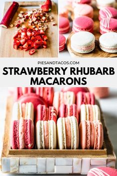 strawberry rhubar macarons are displayed on a cutting board and in the background is a wooden tray with red, white and pink macaroons