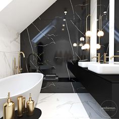 a black and white bathroom with gold accents