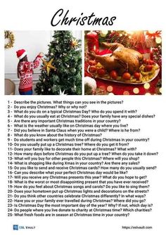 ESL Conversation Questions Archives - Page 9 of 20 - ESL Vault Christmas Idioms, English Debate, Speaking Activities Esl, Speaking Topics, Speaking Activities English, Speaking Cards, Journal Prompts For Kids, General English