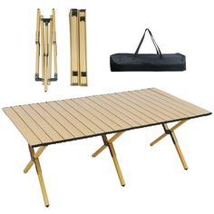 a wooden table with two folding chairs and a bag next to it on a white background