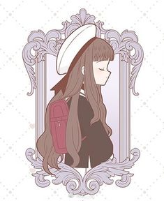 a girl with long hair wearing a hat and holding a backpack in front of an ornate frame