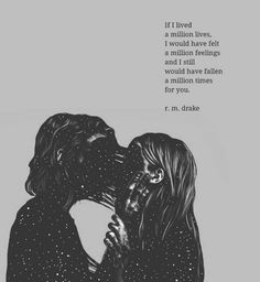 two people kissing each other in front of a gray background with the words if i fall in love, i would have felt a million feet and i still would have fallen