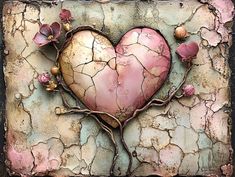 a heart shaped painting with vines and flowers on the side of an old cracked wall