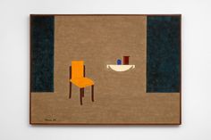 an abstract painting with a chair and bowl on the table in front of a wall