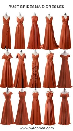 bridesmaid dresses in different styles and colors on mannequins with text overlay that reads, rust bridesmaid dresses