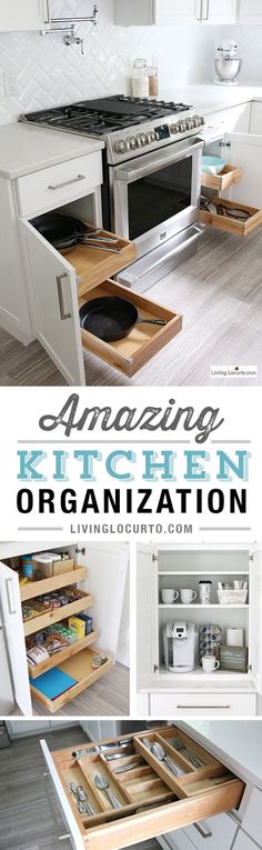 an open drawer in the middle of a kitchen counter with drawers underneath it and below