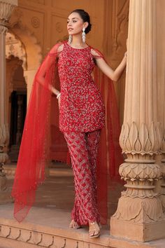 Red kurta with floral hand embroidery using sequins, beads, crystals. Paired with a scallop embroidered palazzo and dupatta. - Aza Fashions Floral Hand Embroidery, Kurta Palazzo Set, Net Embroidery, Red Kurta, Palazzo Set, Set For Women, Aza Fashion, Hand Embroidered, Hand Embroidery