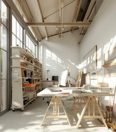 an office with lots of shelves and desks in the middle of it's room