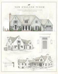 the new england tudor house plans are shown in two separate sections, and an image of the