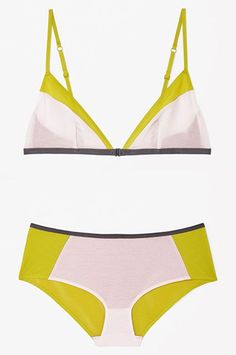 The Sweet SpotBubble-gum pink and mustardy yellow may not sound super appetizing. But the colorblock effect (anchored by a dark-gray trim on both the bralette and the brief) is the right kind of weird. #refinery29 http://www.refinery29.com/non-lace-lingerie#slide-16 Lacy Lingerie, Sewing Lingerie, Lingerie Inspiration, Mellow Yellow, Zodiac Sign, Lounge Wear