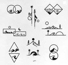 some black and white drawings on paper with mountains, trees, and hills in the background