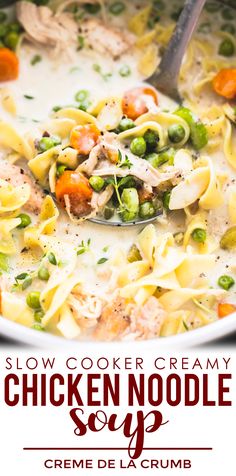 chicken noodle soup in a white bowl with a spoon