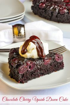 a piece of chocolate cherry upside down cake on a plate